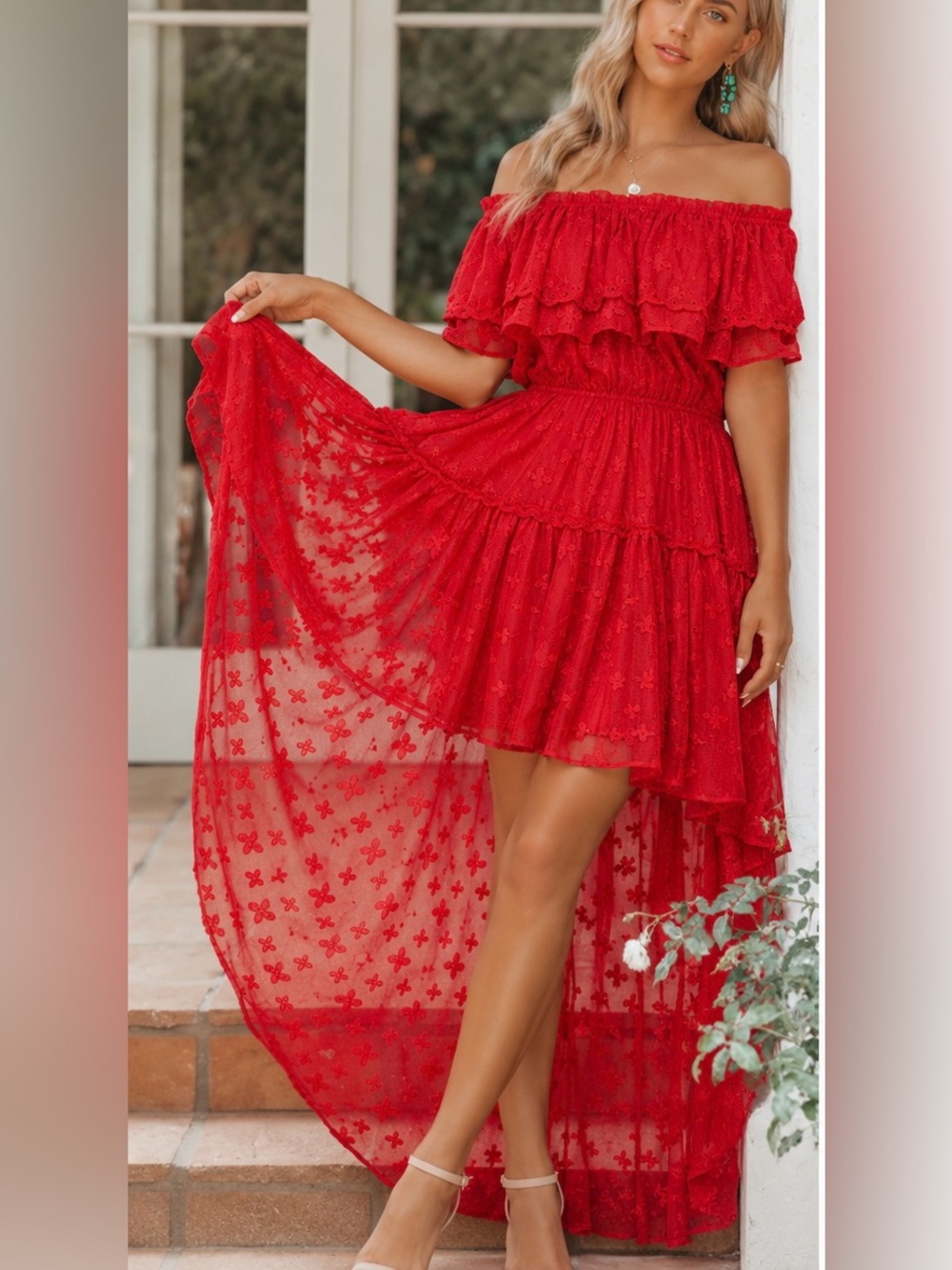 Vici AEOM Panache Red Off-the-Shoulder High Low Maxi Dress